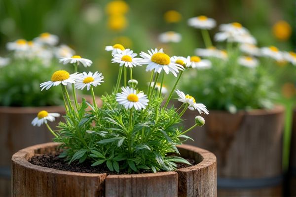 Cultivating Chamomile in Recycled Wooden Barrels for Aromatic and Beautiful Herb Gardens