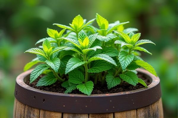Growing Fresh Mint in Recycled Whiskey Barrels for Unique Garden Charm