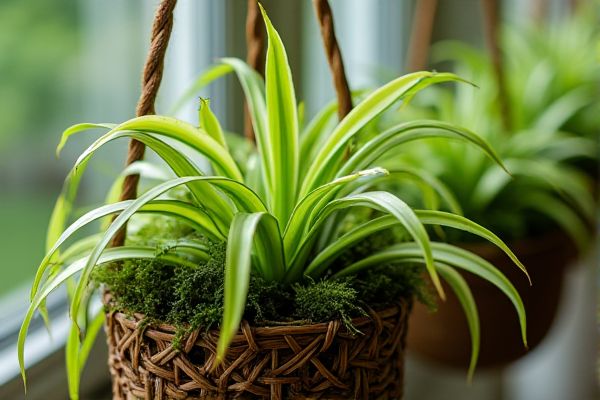 Grow Lush Spider Plants in Moss-Lined Hanging Baskets for Elegant Indoor Greenery